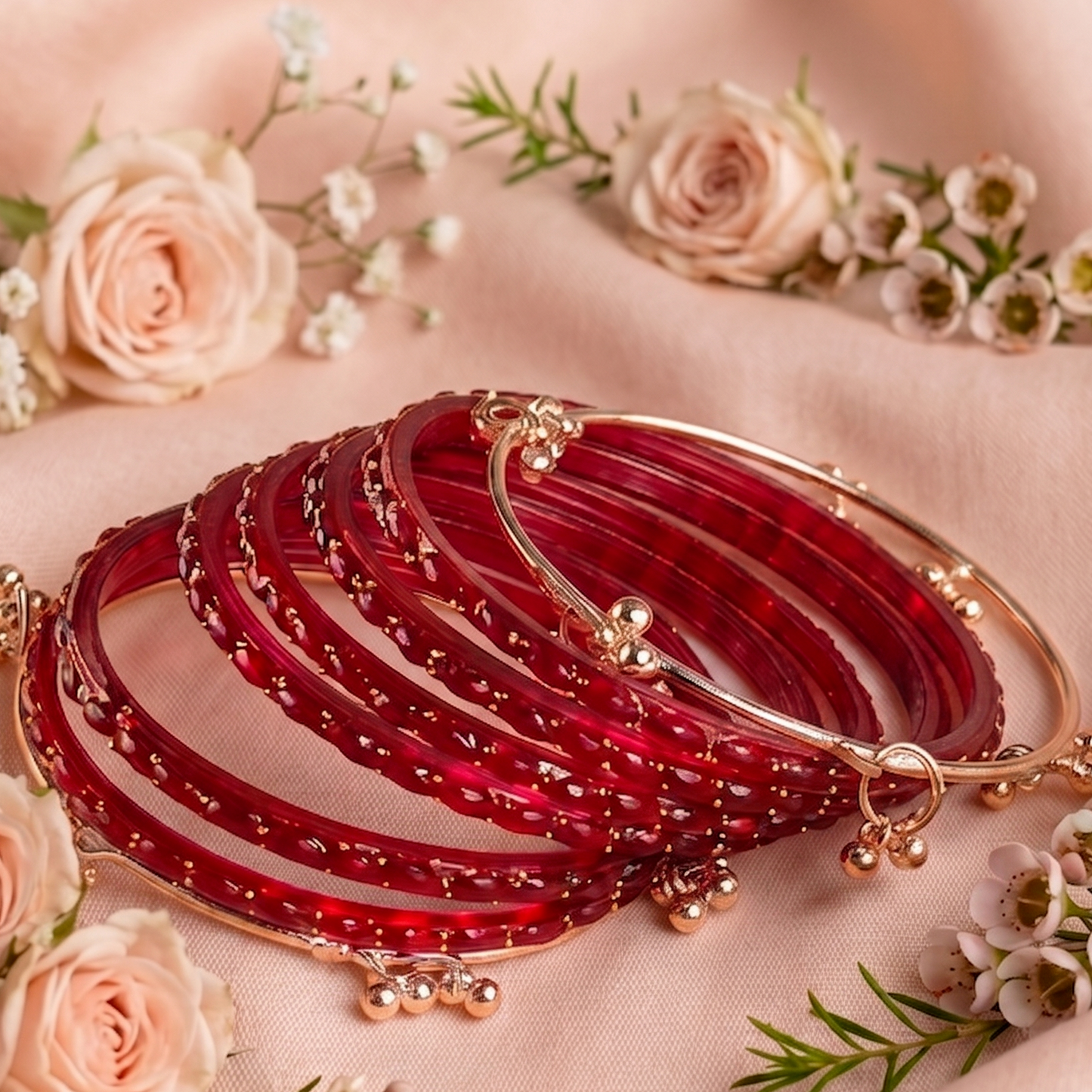 Trendy Glass Bangles With RoseGold Ghunghroo Set - Set Of 16