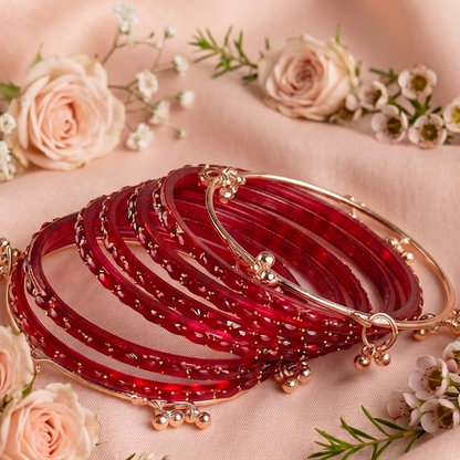 Trendy Glass Bangles With RoseGold Ghunghroo Set - Set Of 16