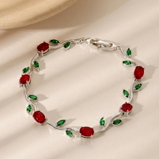 Trendy Tulip GreenRed Crystal Bracelet for Women  Floral Design Silver Plated Bracelet