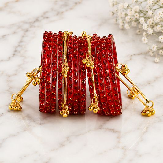 Trendy Glass Bangles With Gold Ghunghroo Set - Set Of 16
