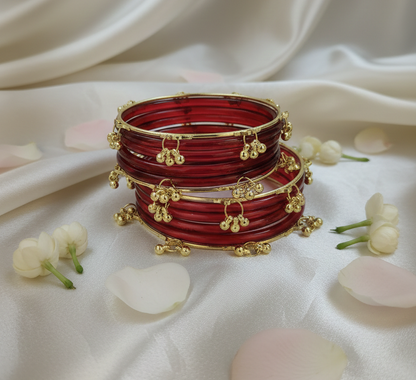 Trendy Red Ghungroo Bangles Set  Gold-Toned Alloy with Elegant Latkan Design | Festive & Wedding Wear (Set of 12)