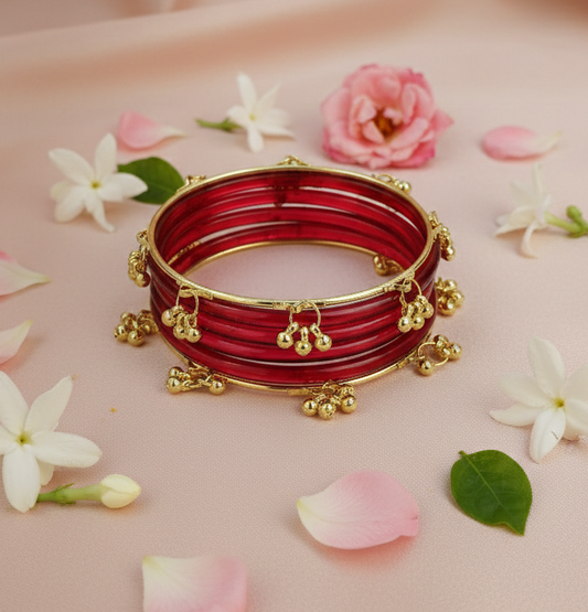 Trendy Red Ghungroo Bangles Set  Gold-Toned Alloy with Elegant Latkan Design | Festive & Wedding Wear (Set of 12)