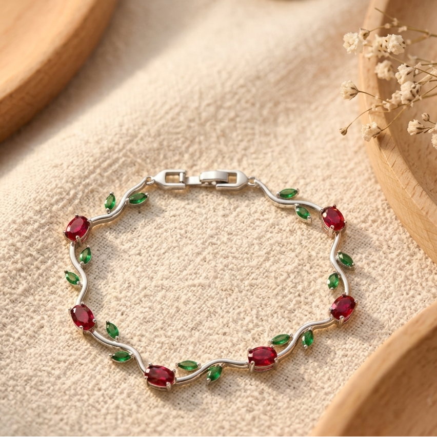 Trendy Tulip GreenRed Crystal Bracelet for Women  Floral Design Silver Plated Bracelet