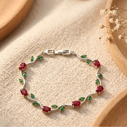 Trendy Tulip GreenRed Crystal Bracelet for Women  Floral Design Silver Plated Bracelet