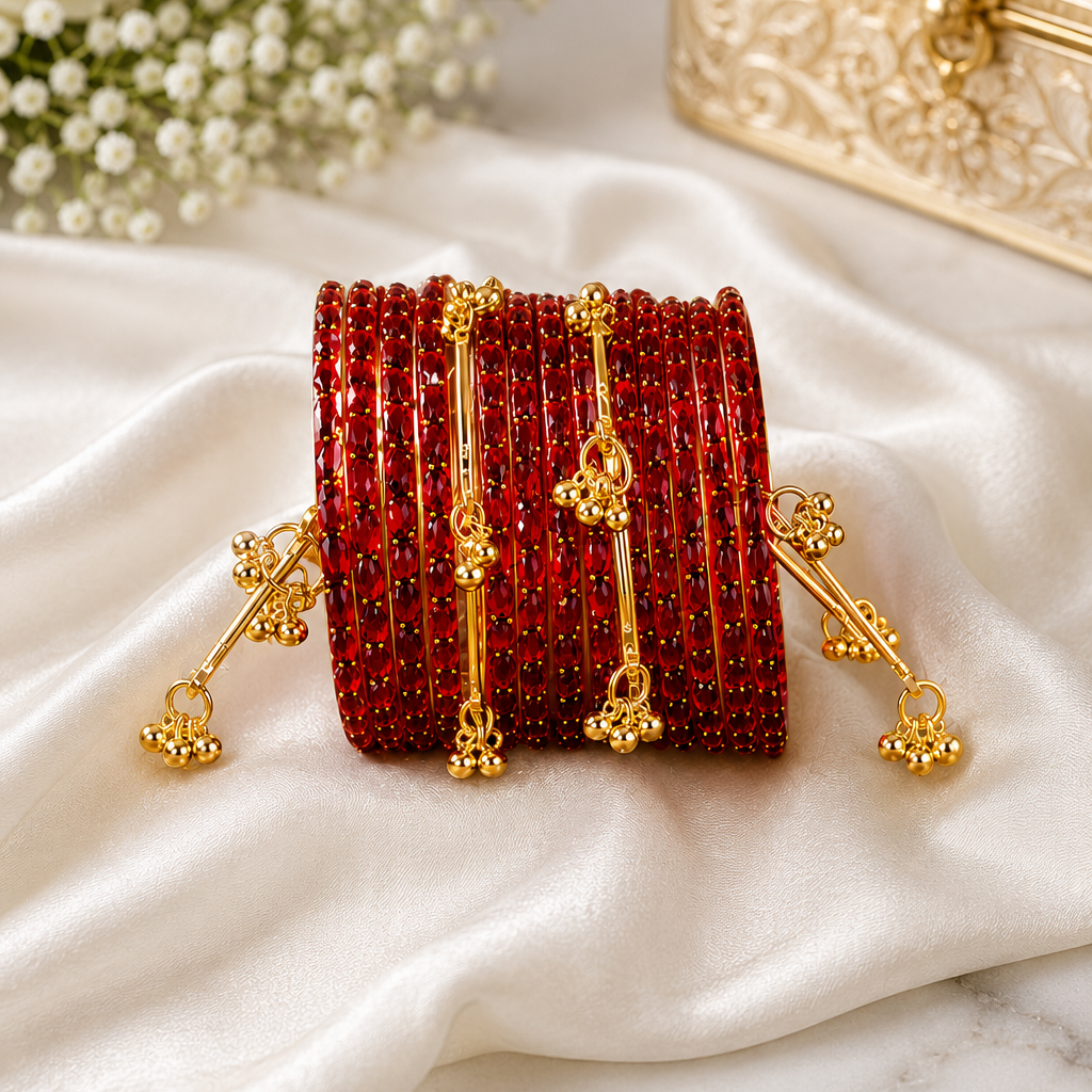 Trendy Glass Bangles With Gold Ghunghroo Set - Set Of 16