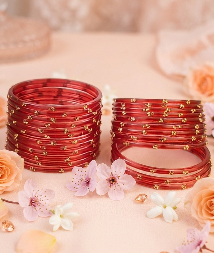 Traditional  Red Stone Gold Bangles Set Glossy Finish with Golden Stone Work  Wear (Pack of 24)