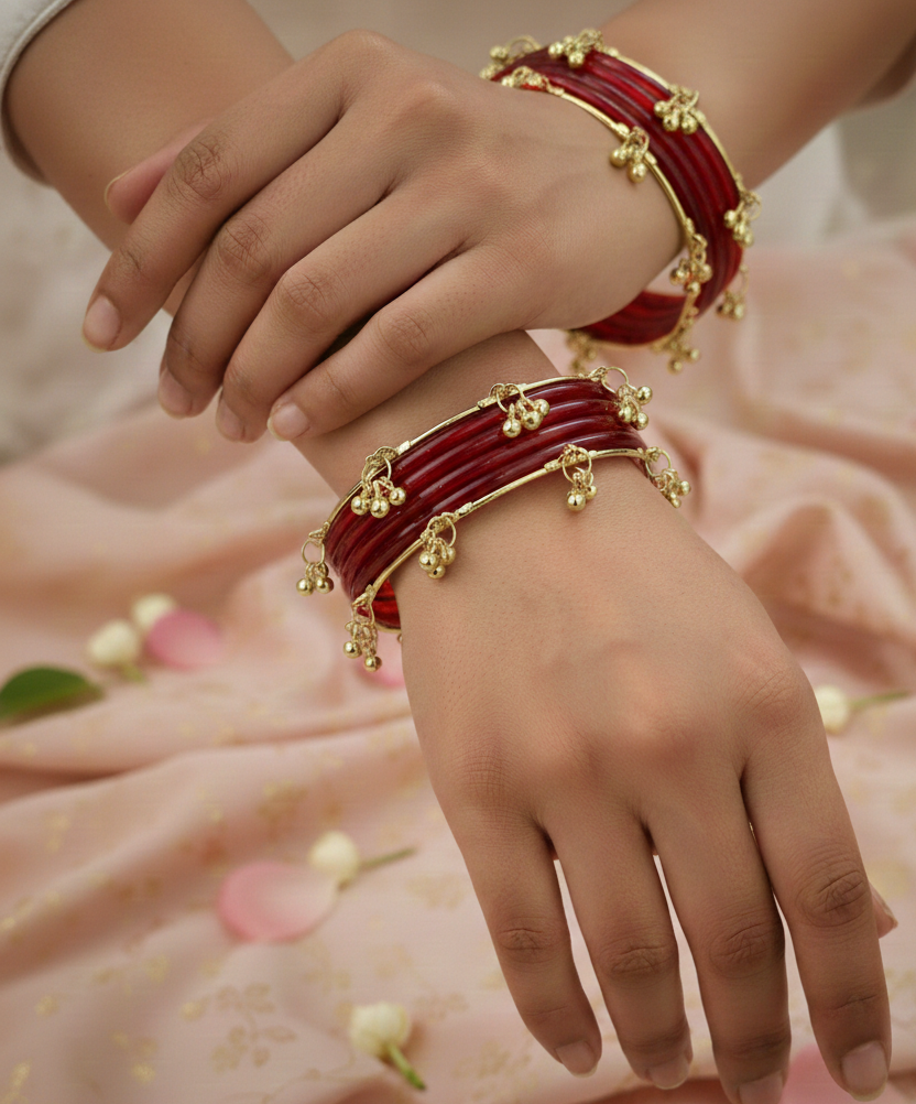 Trendy Red Ghungroo Bangles Set  Gold-Toned Alloy with Elegant Latkan Design | Festive & Wedding Wear (Set of 12)