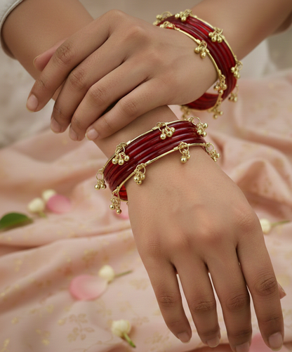 Trendy Red Ghungroo Bangles Set  Gold-Toned Alloy with Elegant Latkan Design | Festive & Wedding Wear (Set of 12)