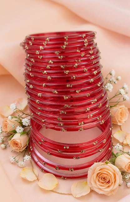 Traditional  Red Stone Gold Bangles Set Glossy Finish with Golden Stone Work  Wear (Pack of 24)