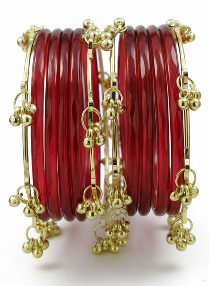 Trendy Red Ghungroo Bangles Set  Gold-Toned Alloy with Elegant Latkan Design | Festive & Wedding Wear (Set of 12)