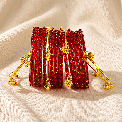 Trendy Glass Bangles With Gold Ghunghroo Set - Set Of 16