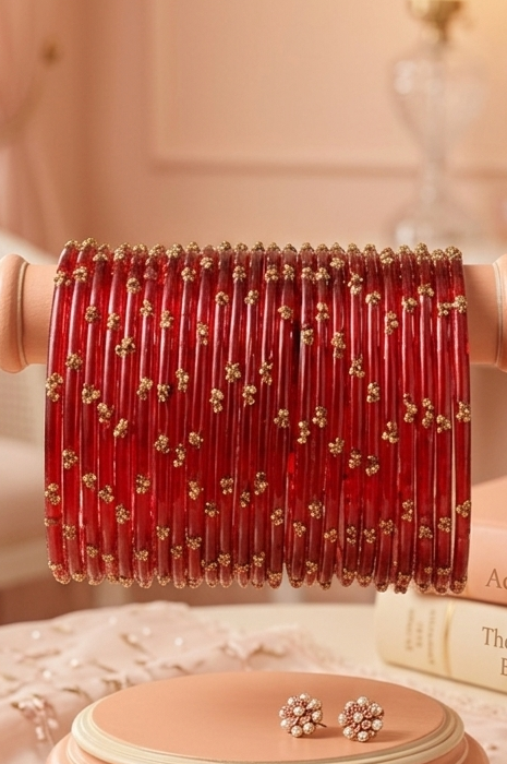 Traditional  Red Stone Gold Bangles Set Glossy Finish with Golden Stone Work  Wear (Pack of 24)