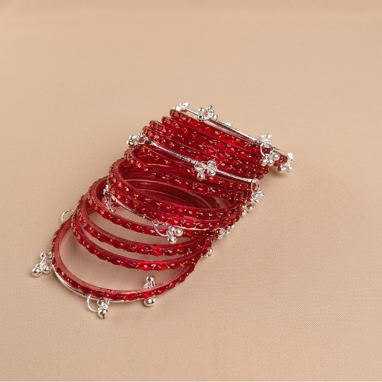 Trending Glass Bangle With Silver Ghunghroo Set For Women & Girls - Set Of 16