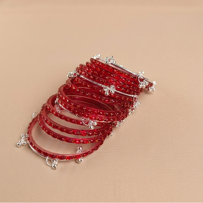 Trending Glass Bangle With Silver Ghunghroo Set For Women & Girls - Set Of 16