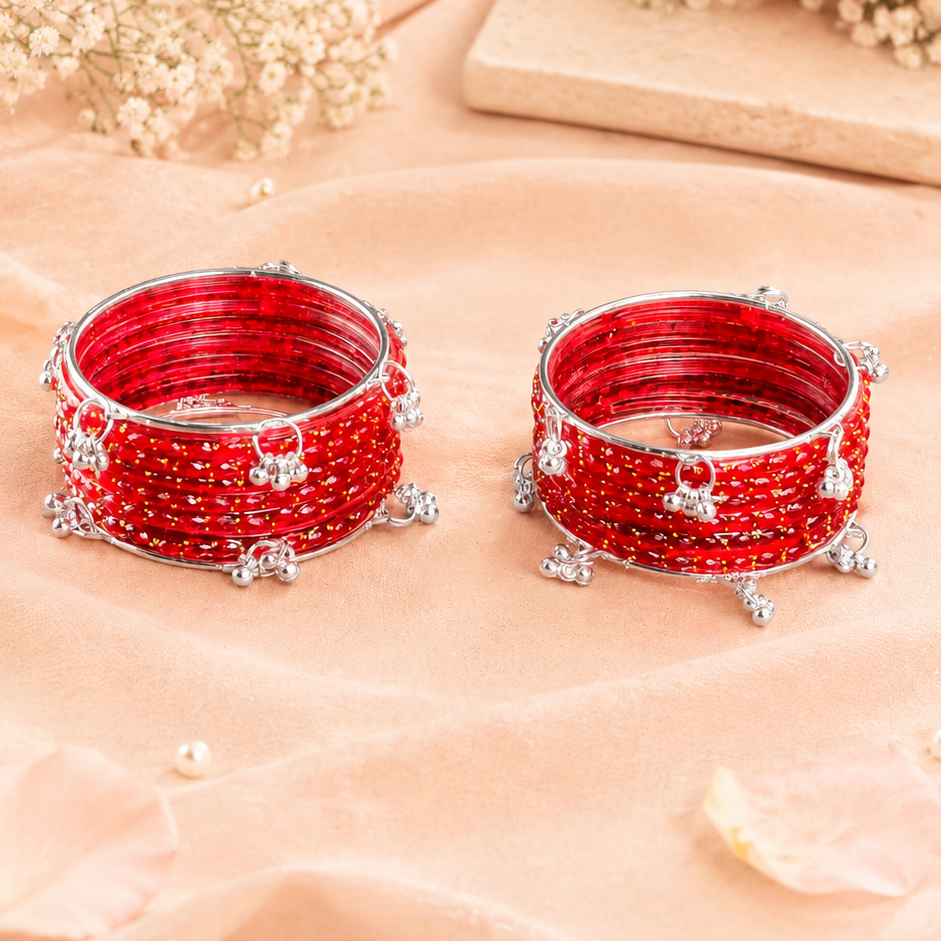 Trending Glass Bangle With Silver Ghunghroo Set For Women & Girls - Set Of 16