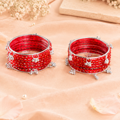 Trending Glass Bangle With Silver Ghunghroo Set For Women & Girls - Set Of 16
