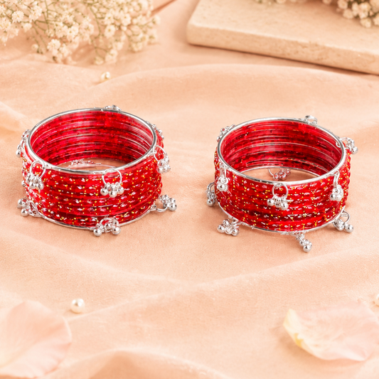 Trending Glass Bangle With Silver Ghunghroo Set For Women & Girls - Set Of 16