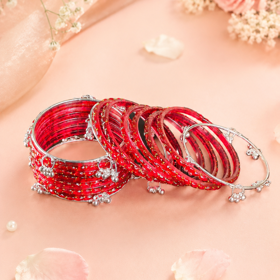 Trending Glass Bangle With Silver Ghunghroo Set For Women & Girls - Set Of 16