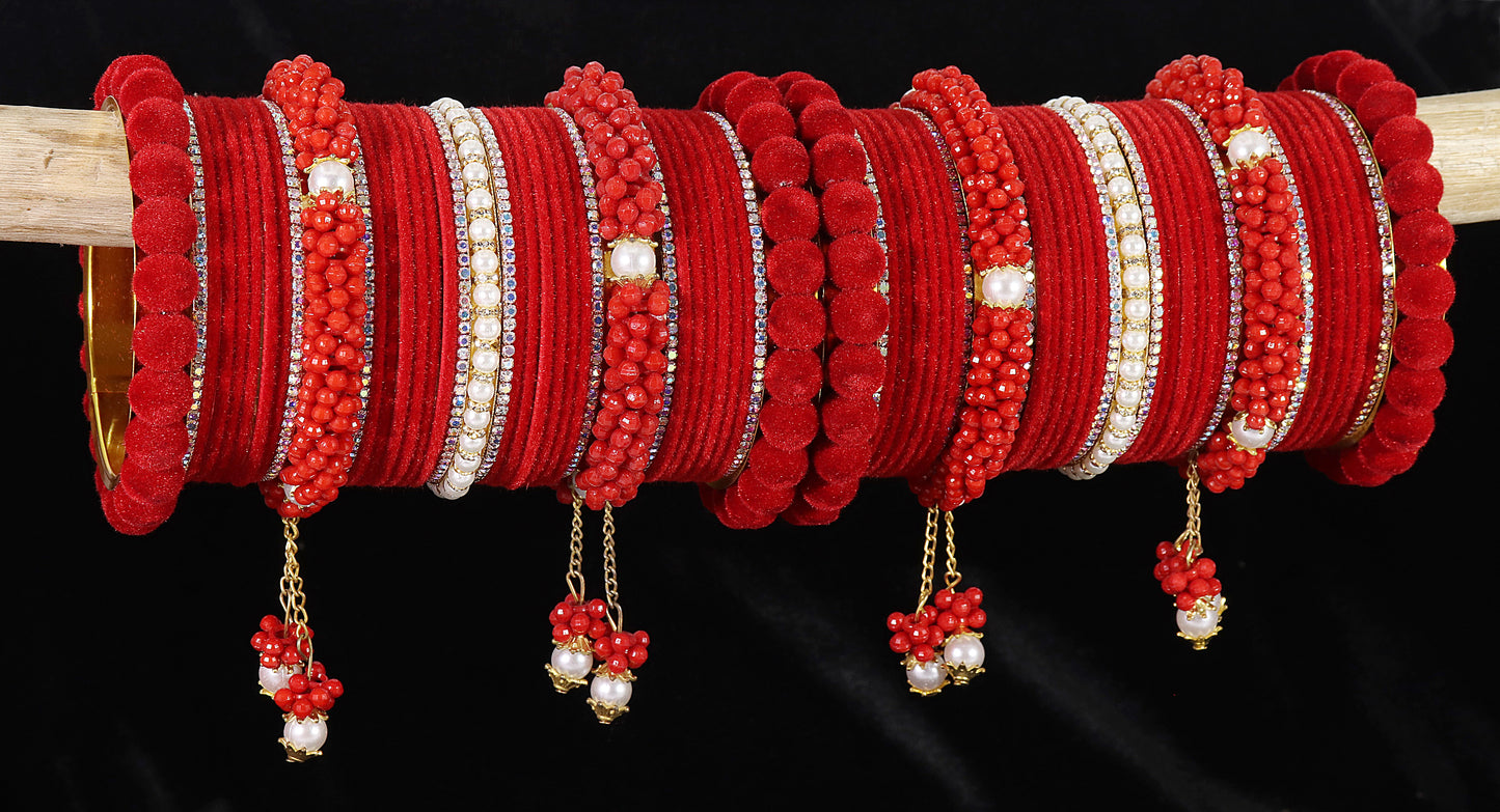 Red Velvet Bridal Chuda – Zircon, Bead & Kada Detailing set of 2