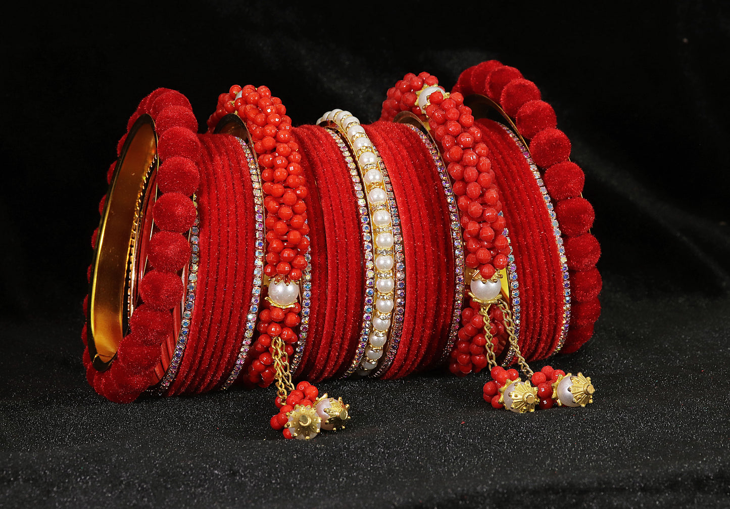 Red Velvet Bridal Chuda – Zircon, Bead & Kada Detailing set of 2
