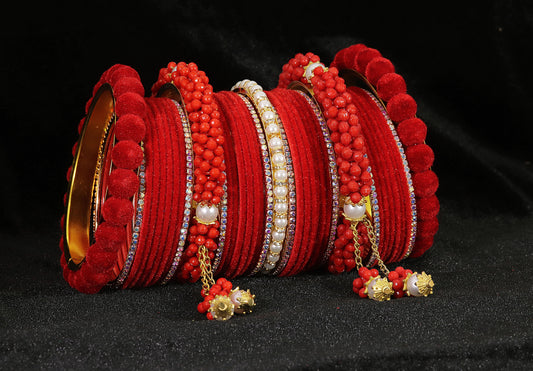 Red Velvet Bridal Chuda – Zircon, Bead & Kada Detailing set of 2
