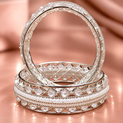 Designer Silver Plated Alloy Bangles Set With Stones Pearl - Set Of 2