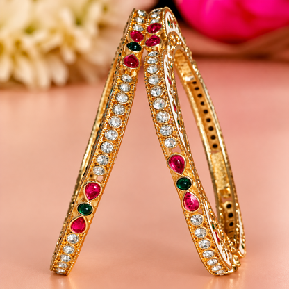 Gold-Multi Bridal Bangles with Red, Green & White Stone Bangle Set - Set Of 2