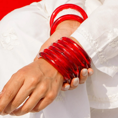 Festive Green Glass Bangles – Red Blossom and Gold Leaf Design-Pack Of 2 Kada