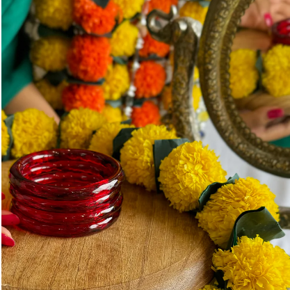 Festive Green Glass Bangles – Red Blossom and Gold Leaf Design-Pack Of 2 Kada