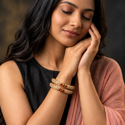 Gold-Multi Bridal Bangles with Red, Green & White Stone Bangle Set - Set Of 2