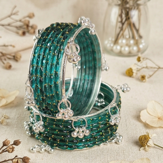 Trending Glass Bangle With Silver Ghunghroo Set For Women & Girls - Set Of 16