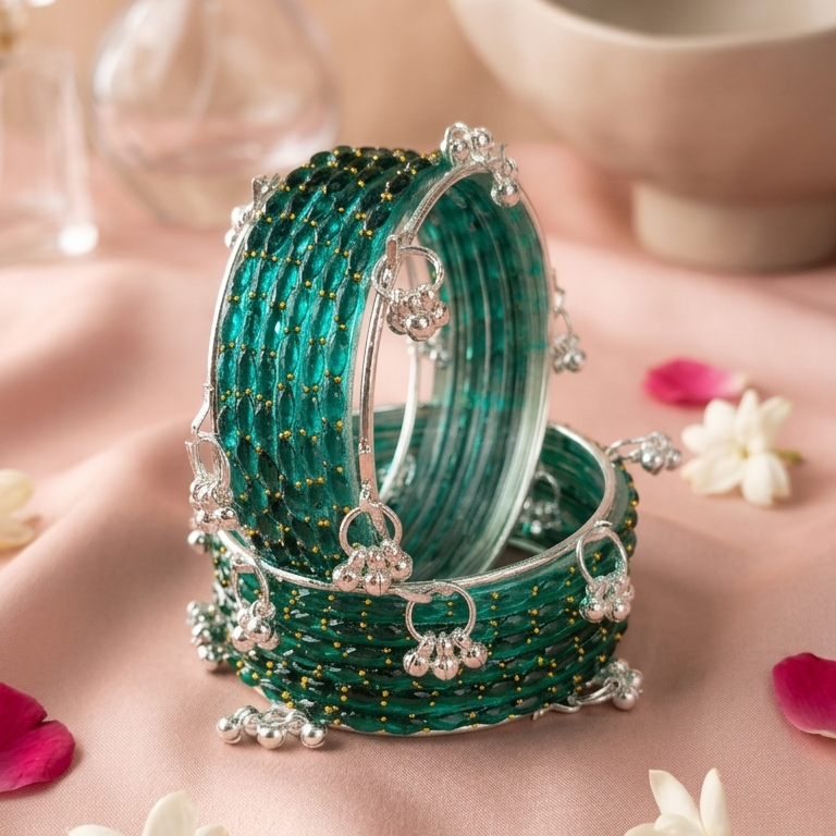 Trending Glass Bangle With Silver Ghunghroo Set For Women & Girls - Set Of 16