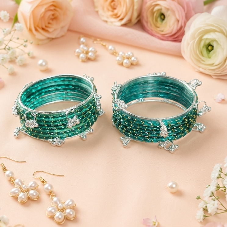 Trending Glass Bangle With Silver Ghunghroo Set For Women & Girls - Set Of 16
