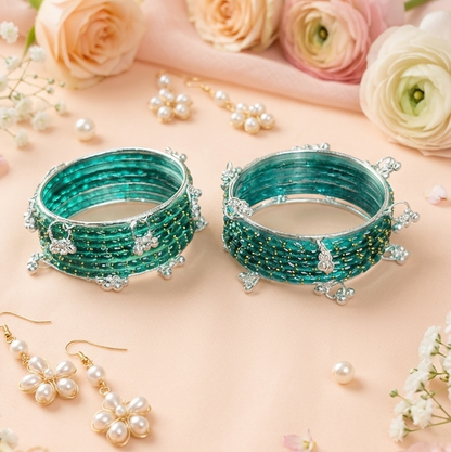 Trending Glass Bangle With Silver Ghunghroo Set For Women & Girls - Set Of 16