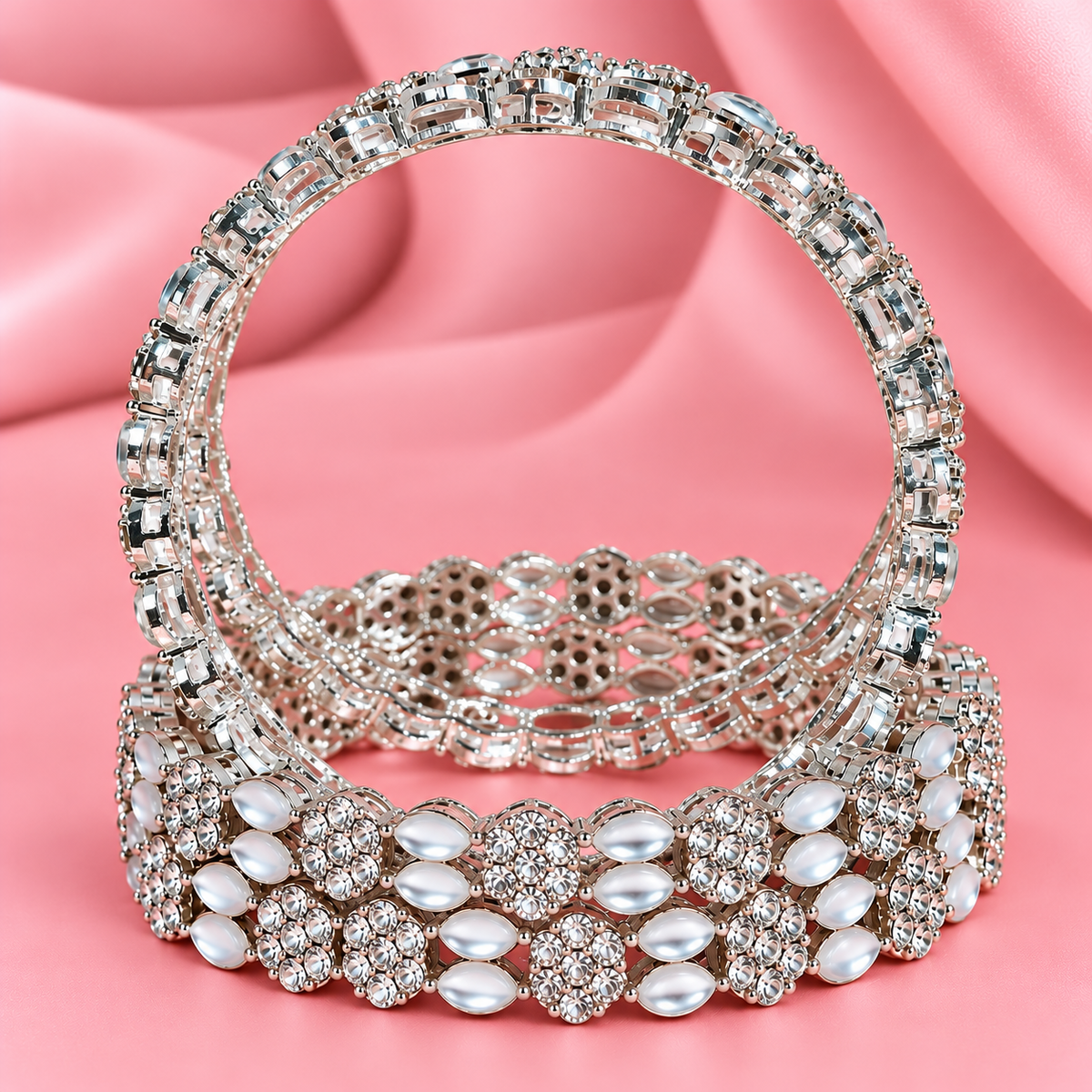 Silver Plated & Crystal Stone Studded Designer Bangles Set - Set Of 4
