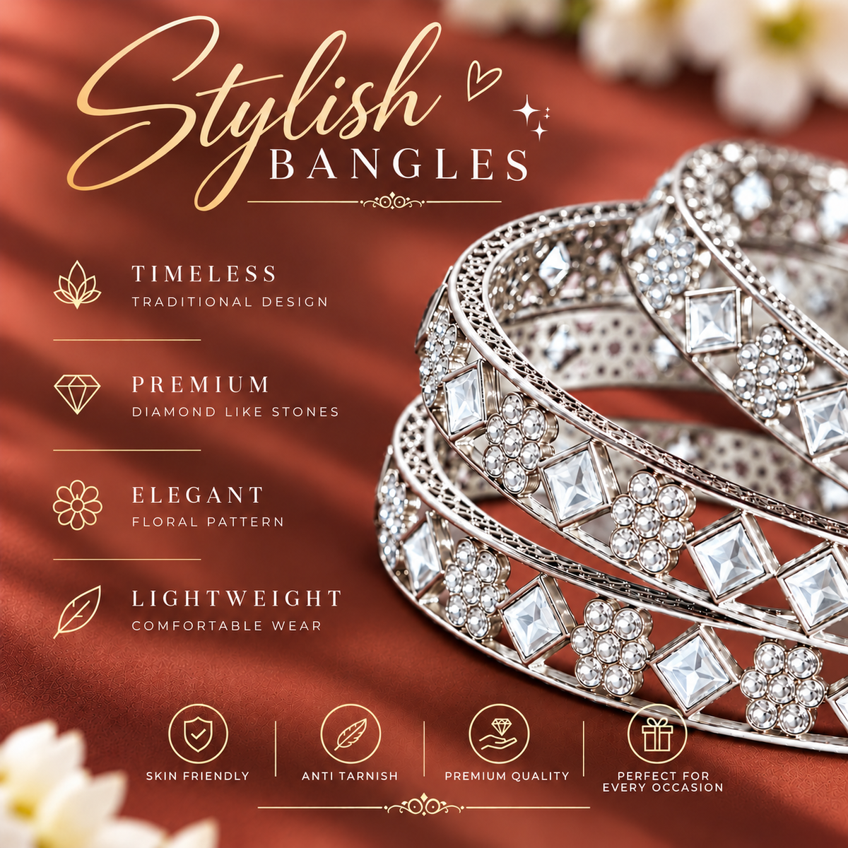 Premium Silver Plated Bangles with American Diamond Bangles Set - Set Of 4