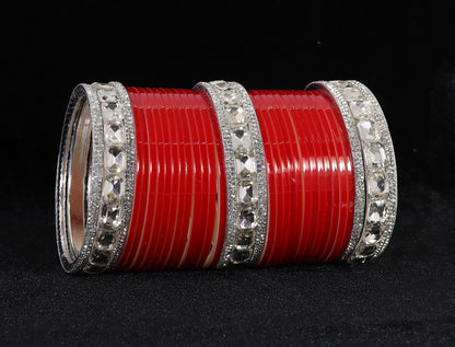 Red Acrylic Bridal Chuda – With Diamond-Cut Stone Bangles & Kada