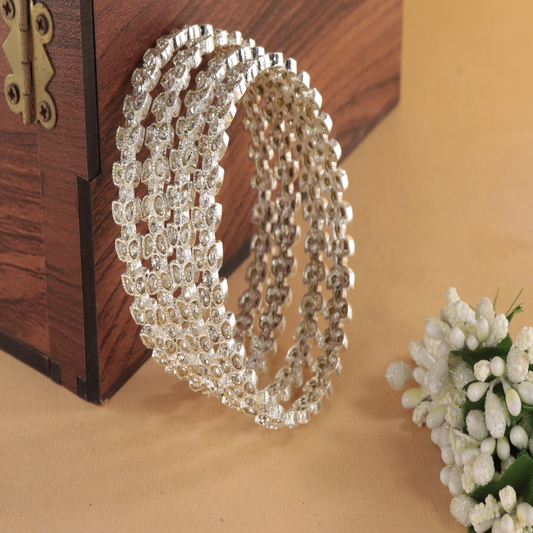 Designer Silver Kada with Floral Stone Pattern – Set of 4