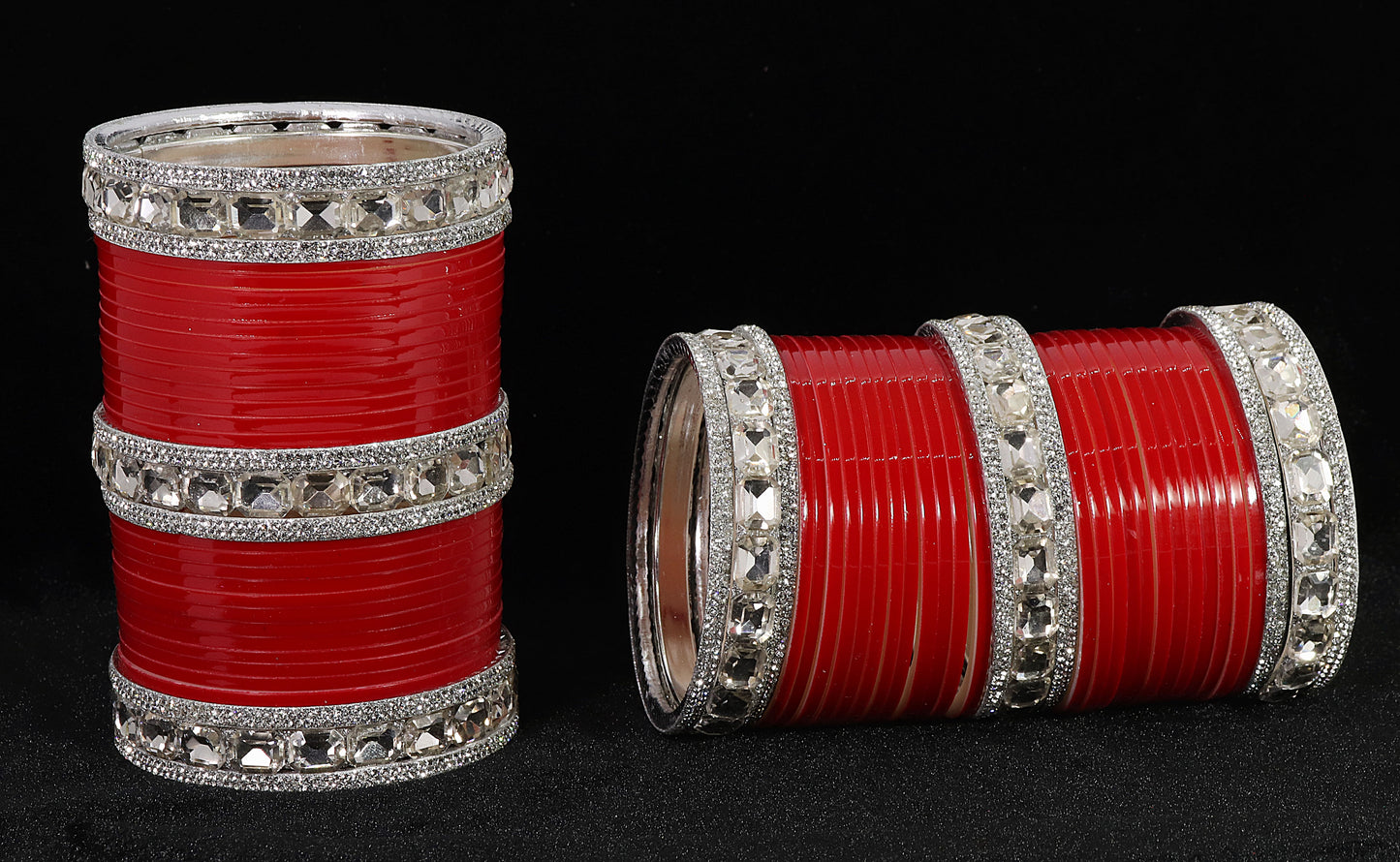 Red Acrylic Bridal Chuda – With Diamond-Cut Stone Bangles & Kada