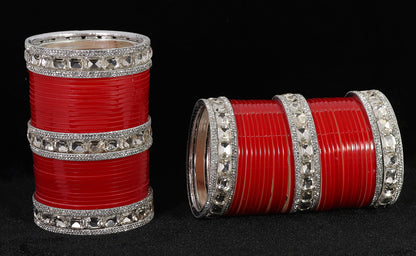 Red Acrylic Bridal Chuda – With Diamond-Cut Stone Bangles & Kada