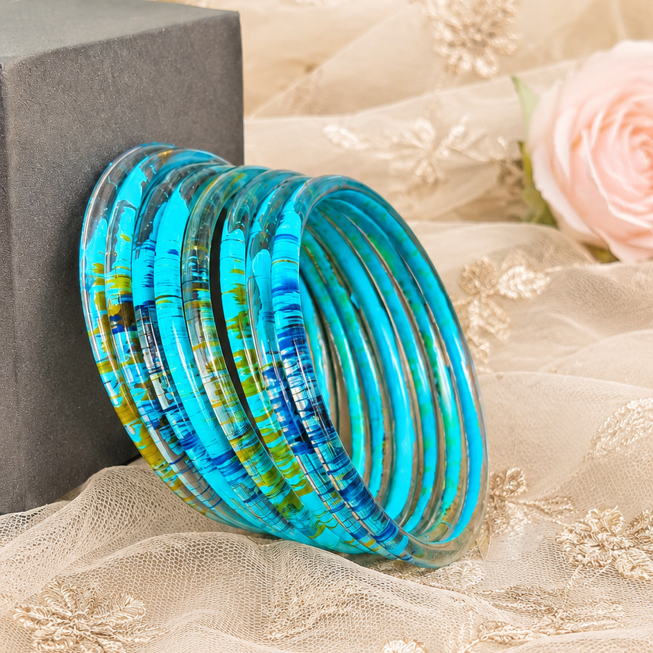 Glossy 3D Glass Bangle Set For Women - Set Of 8