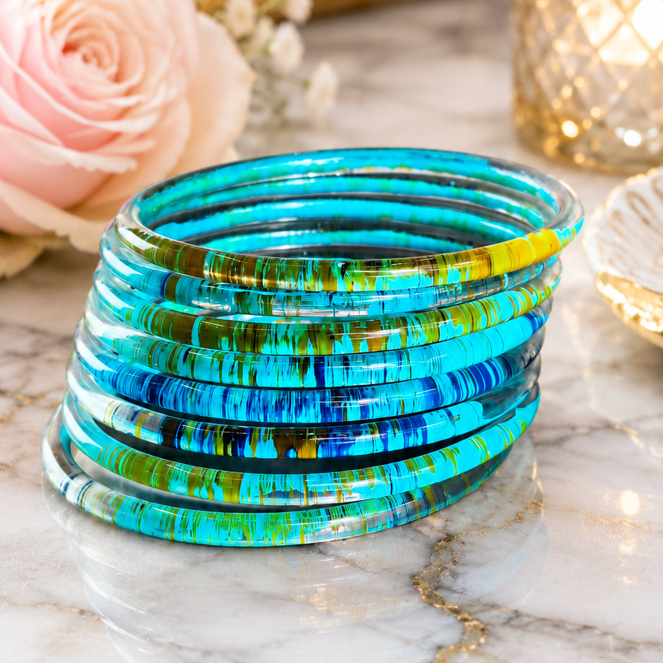 Glossy 3D Glass Bangle Set For Women - Set Of 8