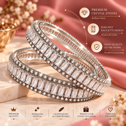 Premium Silver Plated Crystal Stone Bangles With Elegant Kundan Zircon - Set Of 2