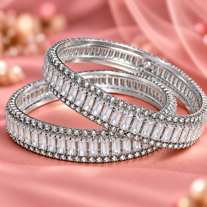 Premium Silver Plated Crystal Stone Bangles With Elegant Kundan Zircon - Set Of 2