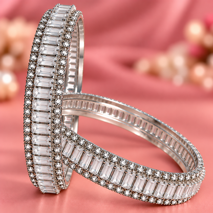 Premium Silver Plated Crystal Stone Bangles With Elegant Kundan Zircon - Set Of 2