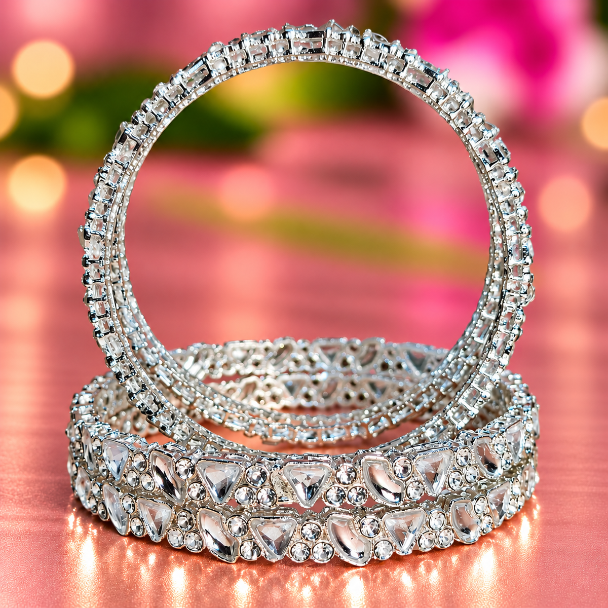 Silver Plated Designer Bangles Set with Sparkling Crystal Stones -Set Of 4