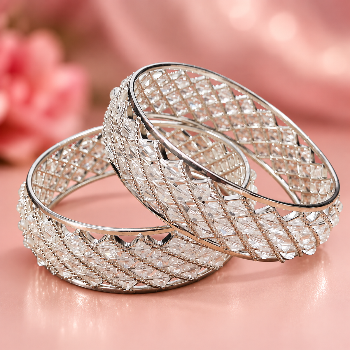 Premium Silver Plated Crystal Stone Designer Bangles Set - Set Of 2