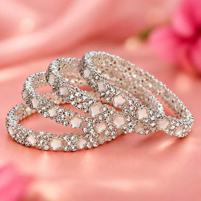 Elegant Silver Floral Bangles with Sparkling Crystal & Pearl Detailing - Set Of 4