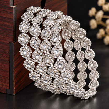 Royal Silver Designer Bangle Set With Stylish Pattern & Crystal Stones - Set Of 4