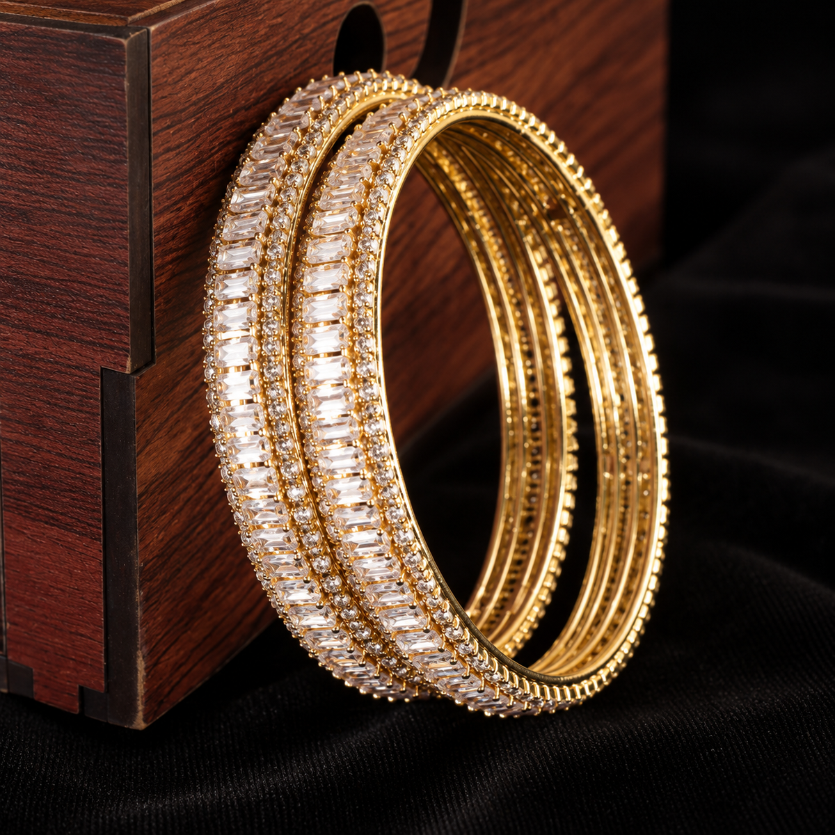 Premium Gold Plated Crystal Stone Bangles With Elegant Kundan Zircon - Set Of 2